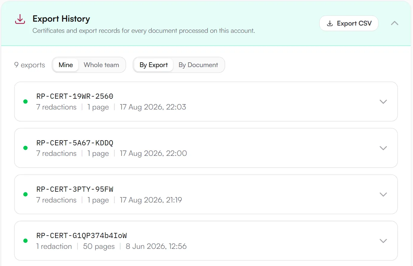 Export History panel listing certificate references with redaction counts, page counts and timestamps, with an Export CSV button