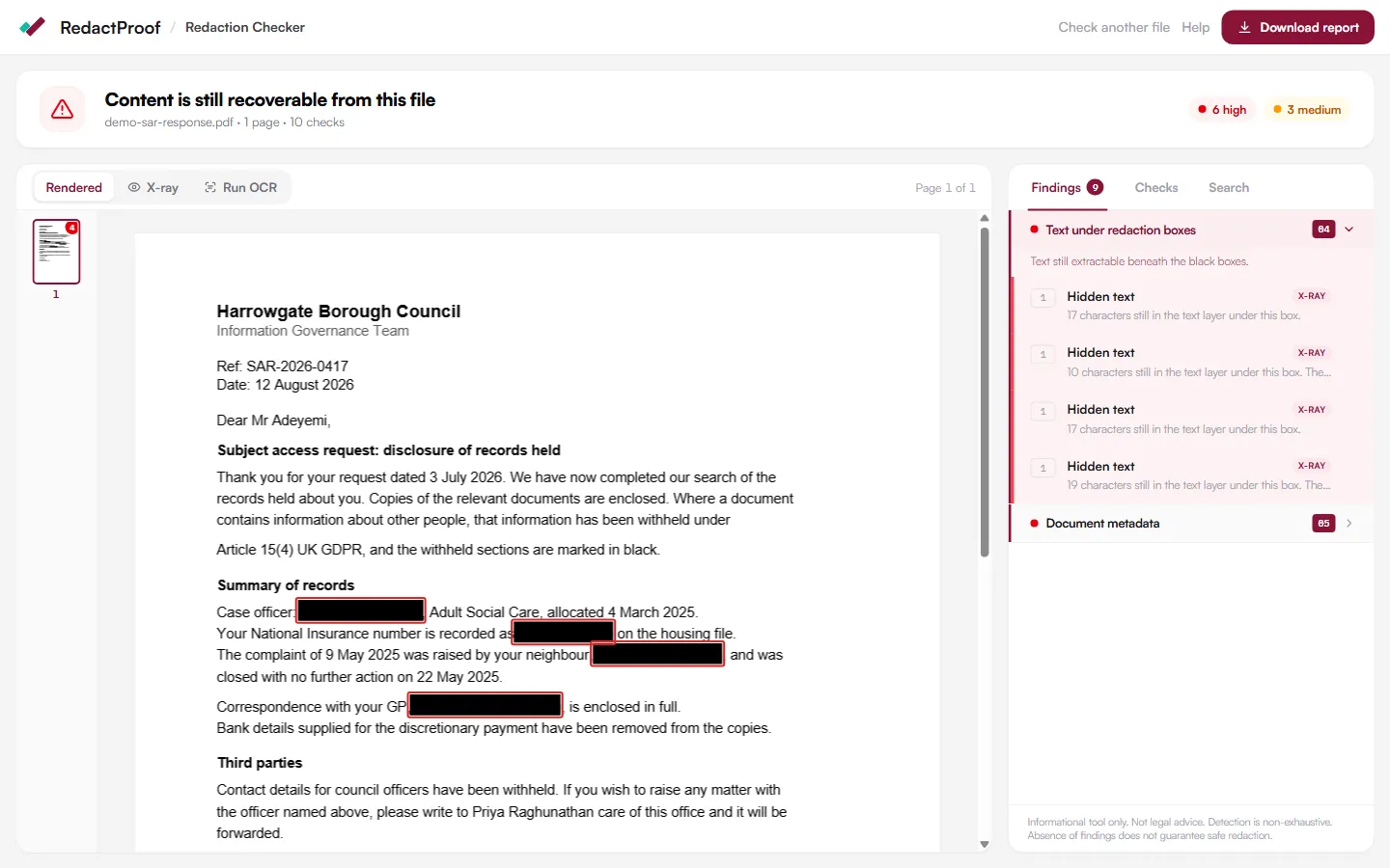 The checker's verdict on a badly redacted letter: four black boxes outlined in red because the text beneath them is still in the file