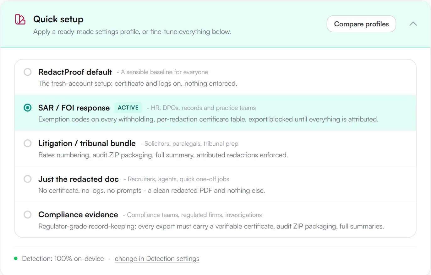 RedactProof Quick setup panel with the SAR / FOI response profile selected and marked active