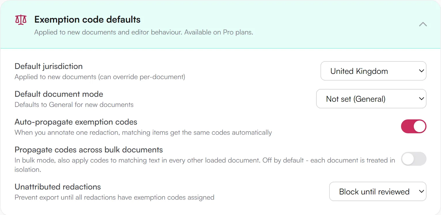 Exemption code defaults panel: default jurisdiction United Kingdom, document mode, auto-propagate codes, and what happens to unattributed redactions