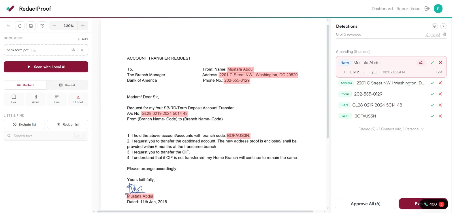 RedactProof editor with a scanned bank form: detected PII highlighted on the page and a typed detection list - name, address, phone, IBAN, SWIFT - awaiting review