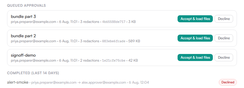 Queued approvals with fingerprint and file size per entry